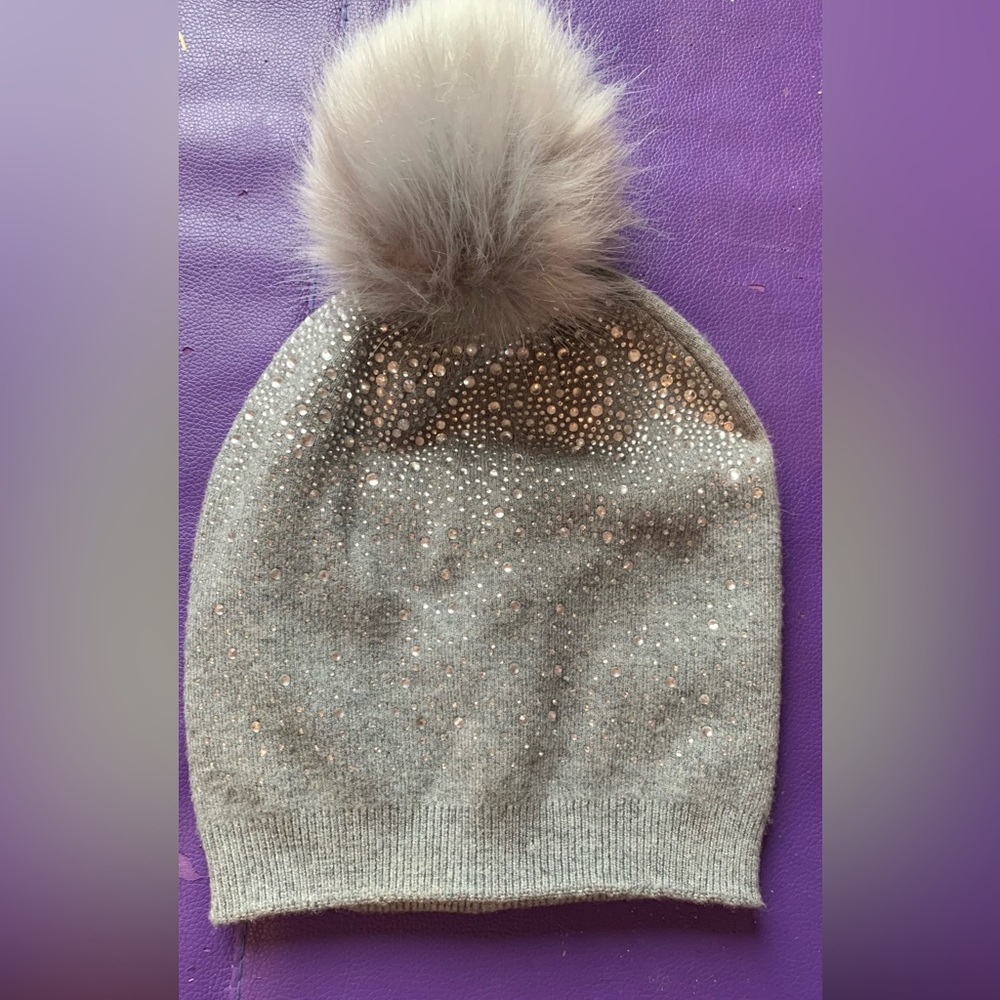 Silver gray crystal beanie with Pom Pom